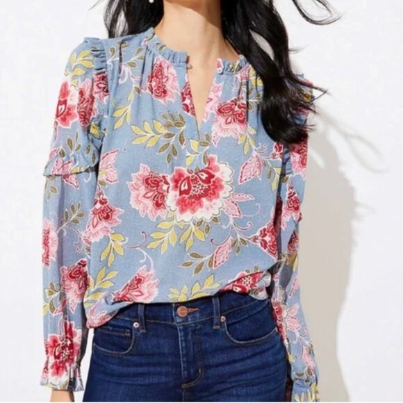 Loft Garden Ruffle Split Neck Blouse Light Blue MP - Picture 1 of 13